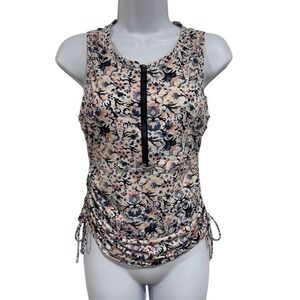 Athleta Womens XS Floral Ruched Rash Guard Swim Top Zip Front Vacation Beach